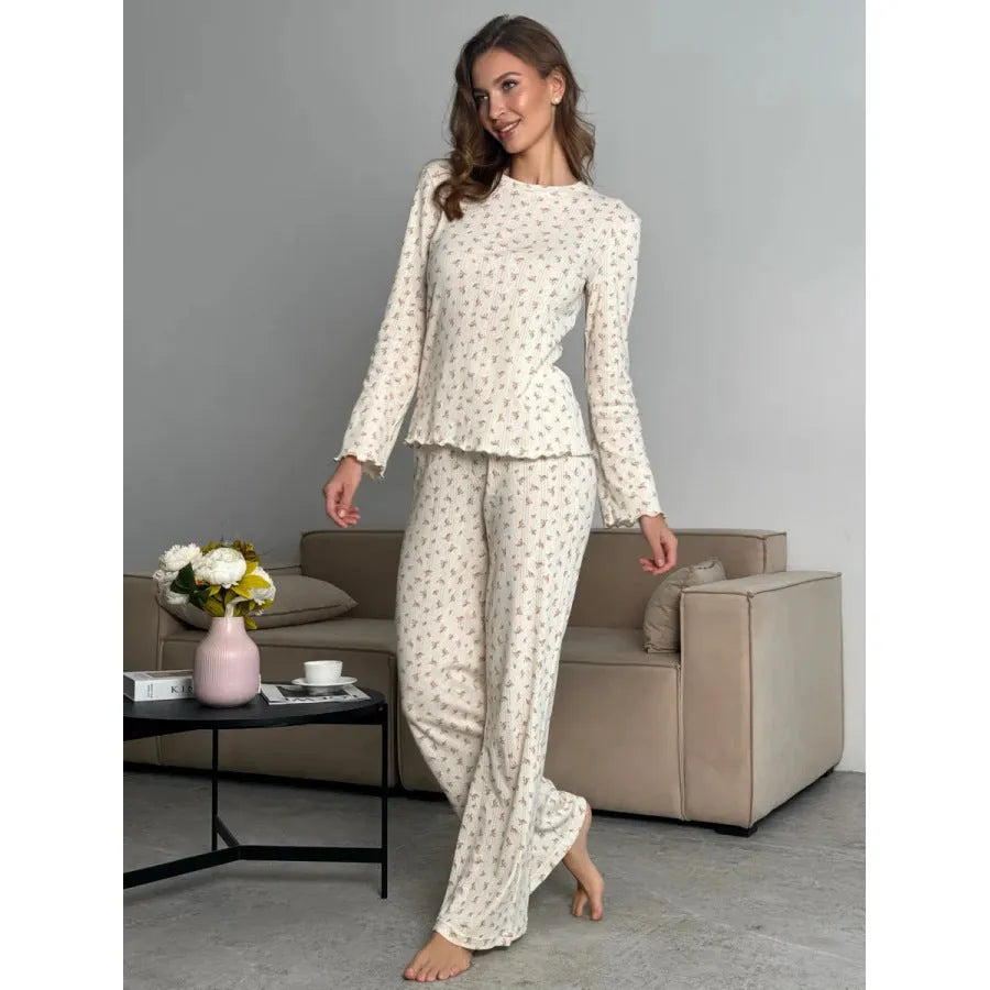 Women's white floral print polyester lounge suit with bell sleeve top and wide leg trousers