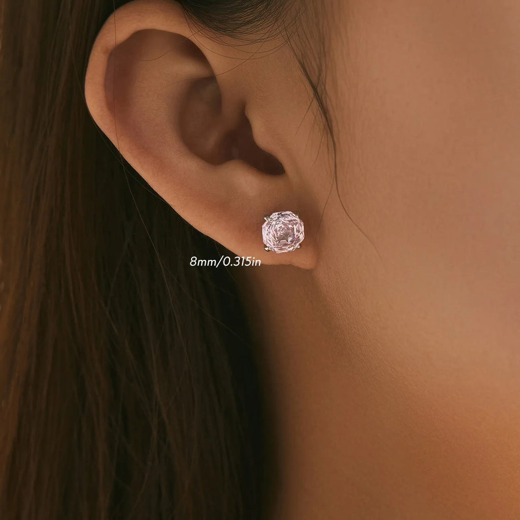 S925 sterling silver rose stud earrings for women in 6mm and 8mm sizes with pink plating