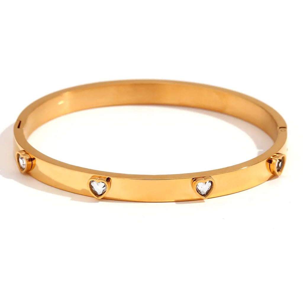 Stainless steel peach heart bracelet with electroplated finish and micro-inlaid stones