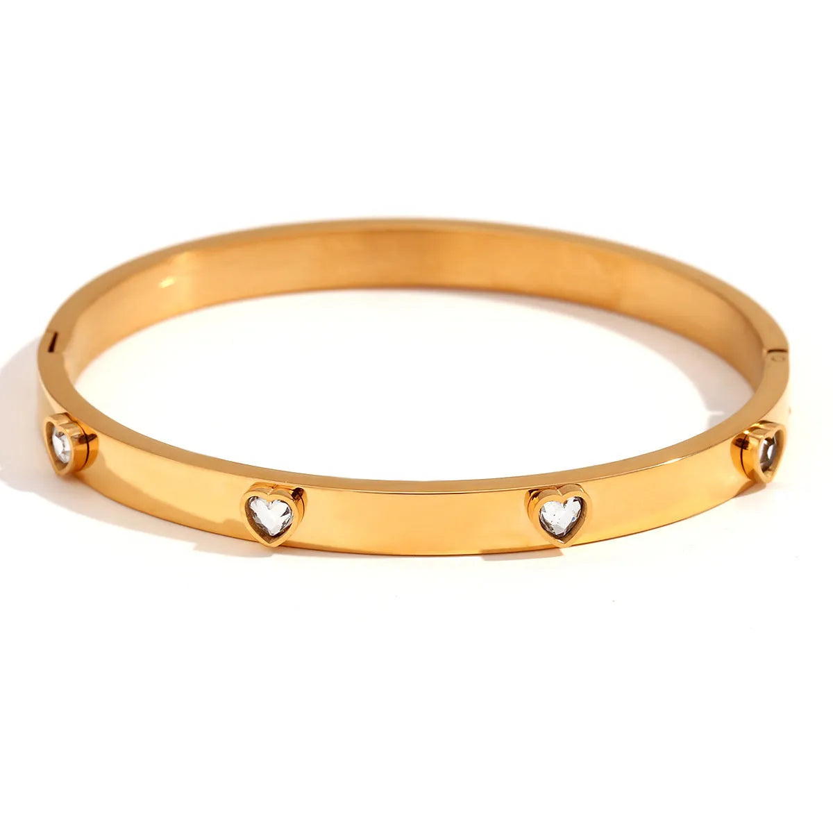 Stainless steel peach heart bracelet with electroplated finish and micro-inlaid stones