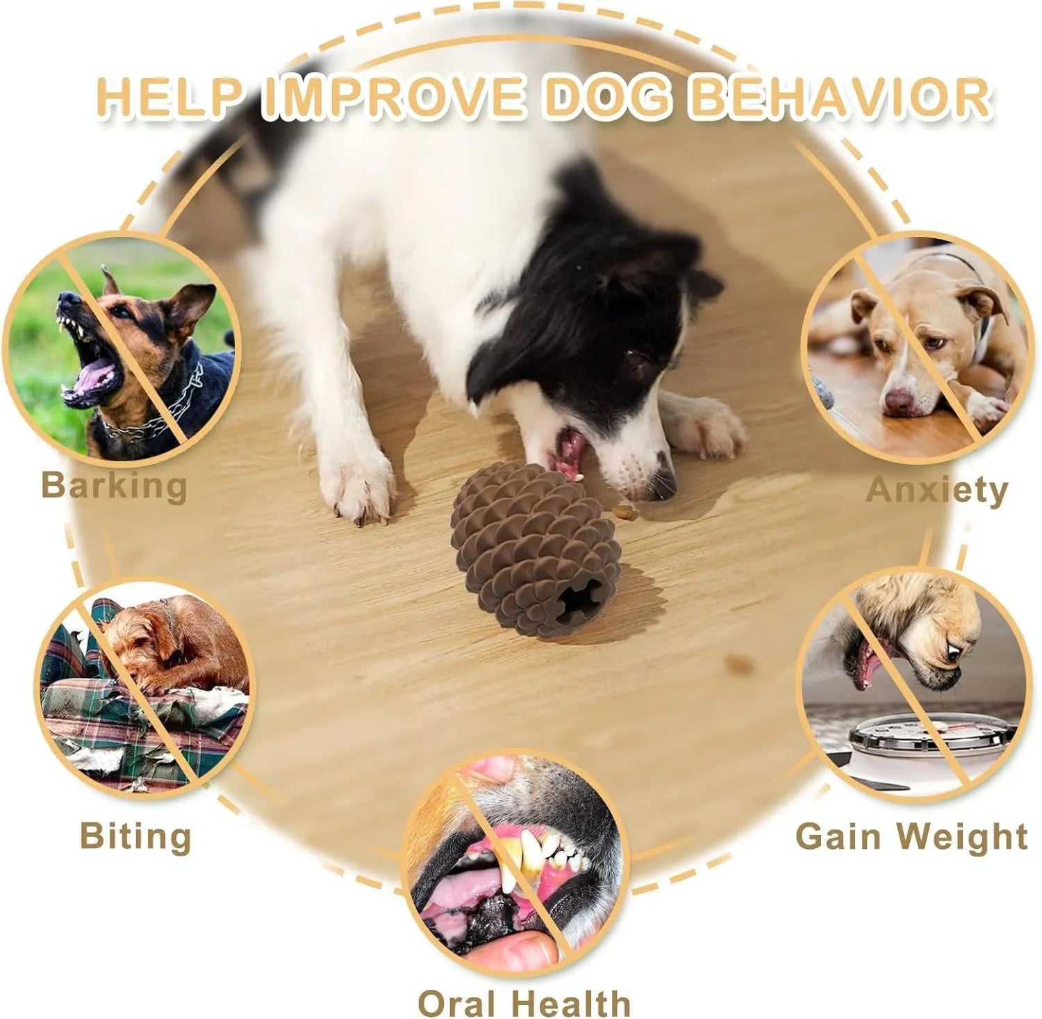 Yellow pine cone-shaped dog chew toy with textured surface and treat dispensing slot