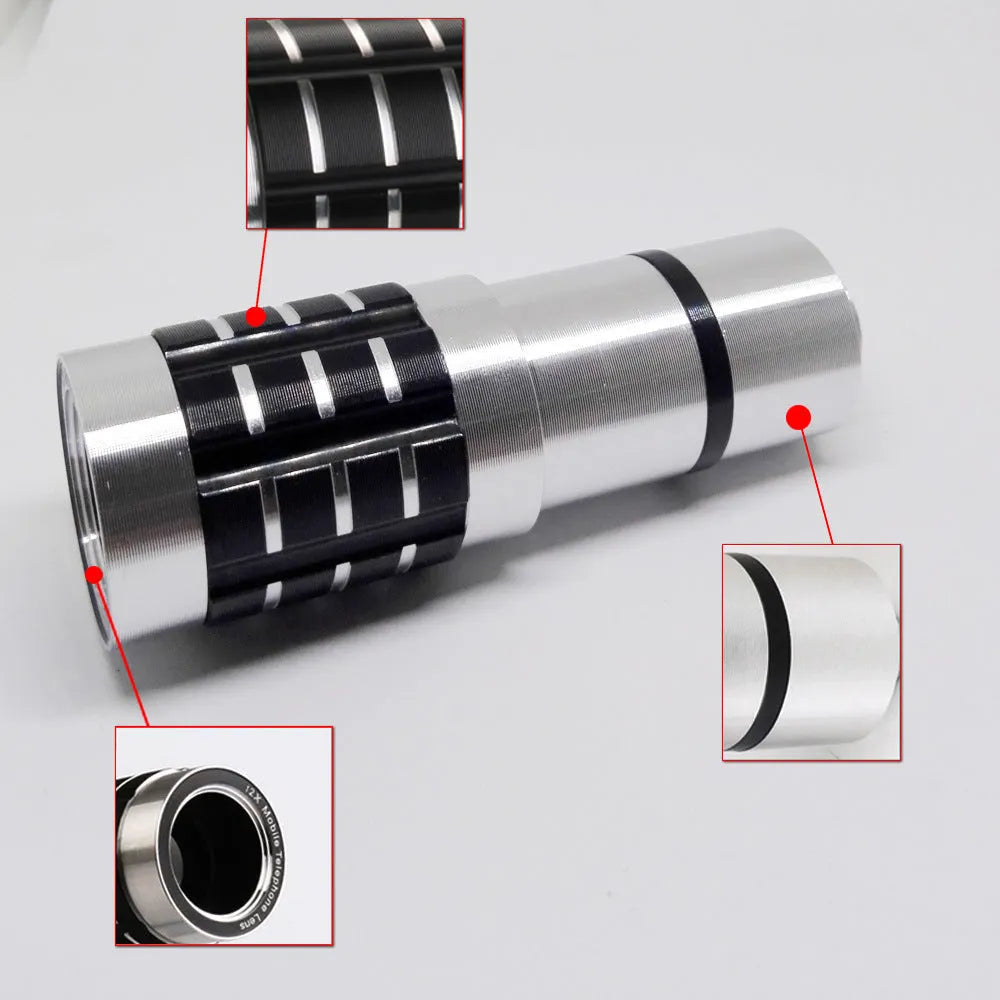 12X magnification telephoto lens with universal clip for mobile phone cameras