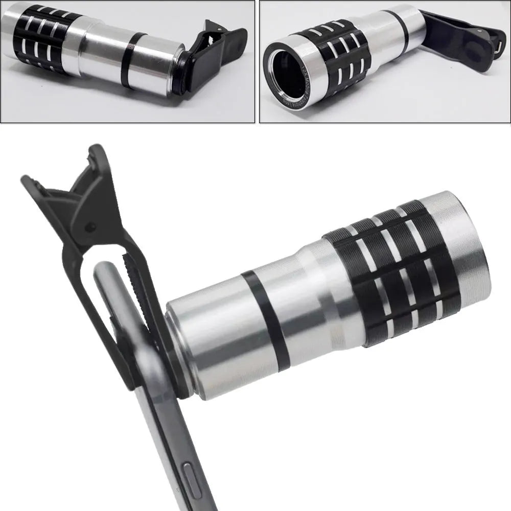 12X magnification telephoto lens with universal clip for mobile phone cameras