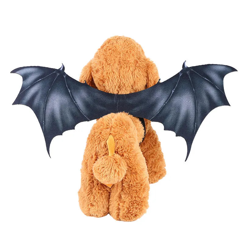 Black cloth bat wing costume for dog or cat, shown in large, medium, and small sizes.