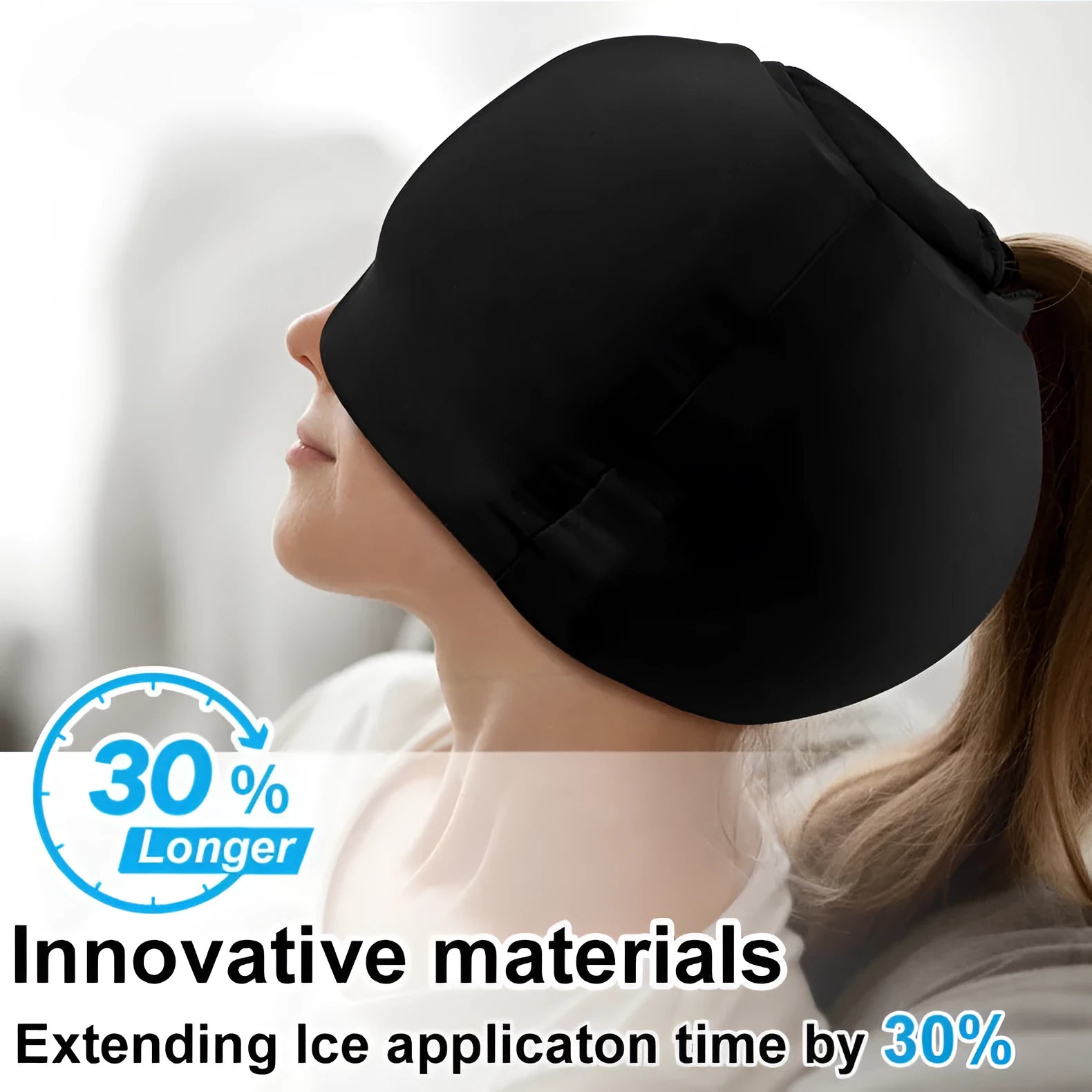 Simple solid colour cold compress cap in an enclosed design.