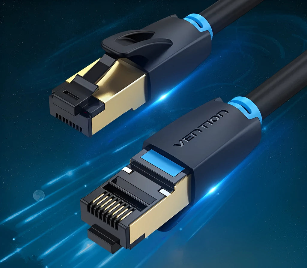 CAT8 shielded Ethernet network cable with RJ45 plugs, shown in flat and round style options in various lengths.