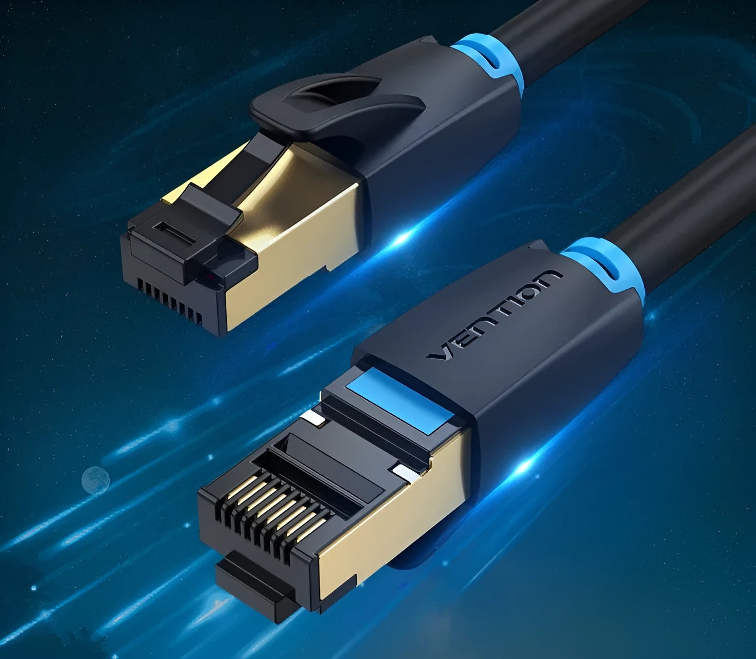 CAT8 shielded Ethernet network cable with RJ45 plugs, shown in flat and round style options in various lengths.