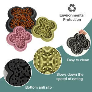 Silicone pet slow feeder licking pad in green colour on a wooden floor