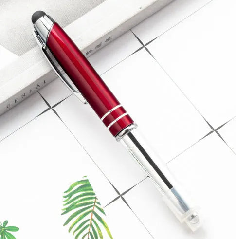 Red multifunctional metal ballpoint pen with capacitive stylus tip and LED light