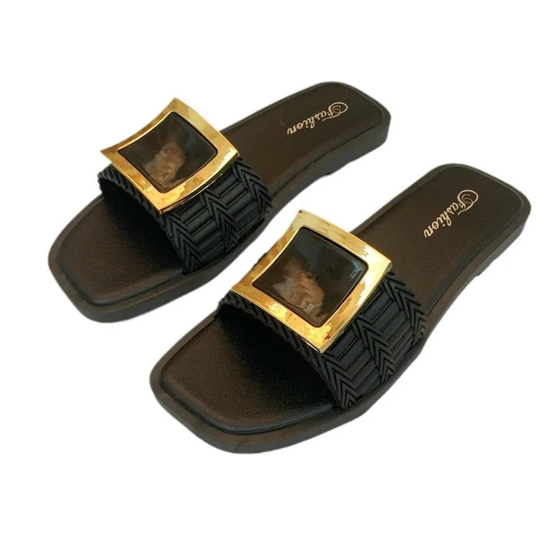 Women's flat summer slippers in apricot, black, or khaki with a lightweight PVC sole.