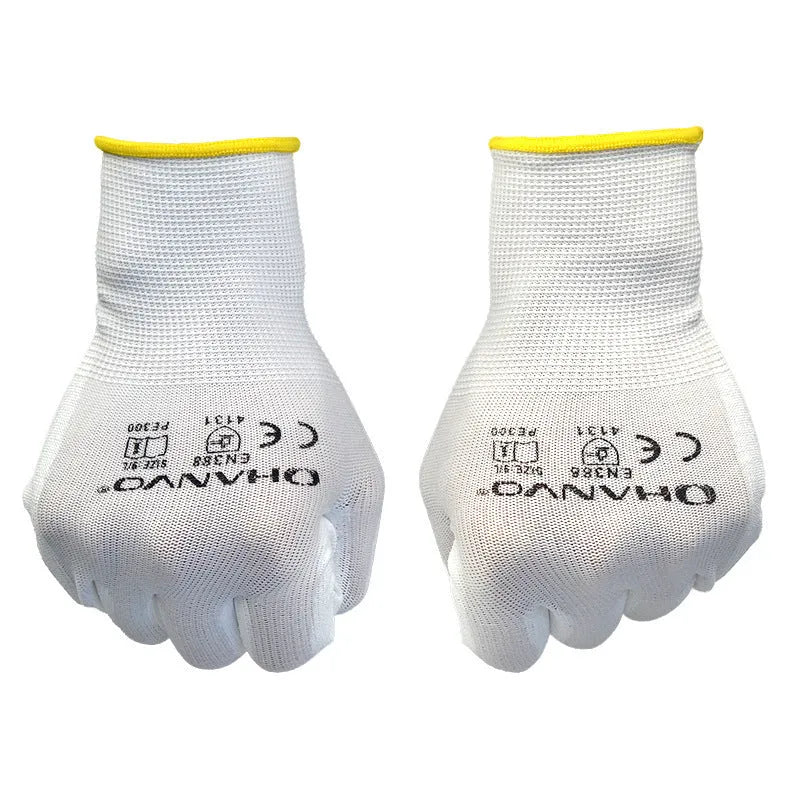 White PU coated labour gloves showing flexible material, laid flat to display 24cm length and size tag.