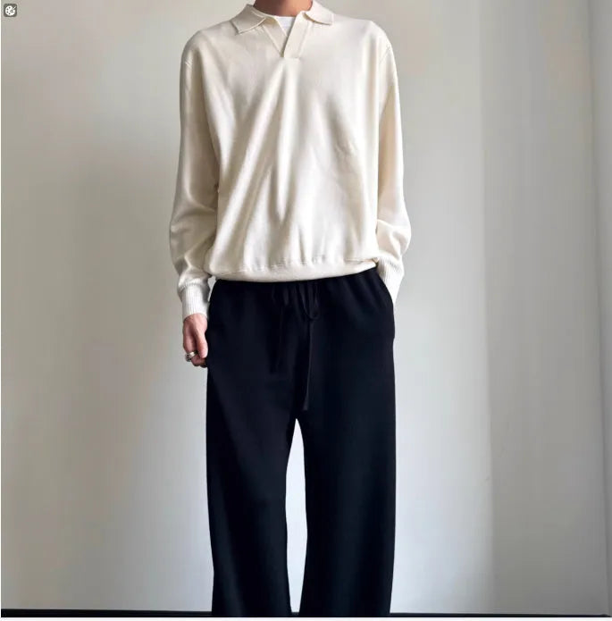 Men's milky white pure wool polo sweater with lapel collar and loose fit.