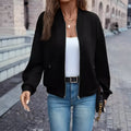 Black faux pocket zip jacket for women with long sleeves and casual Japanese Korean style in solid color