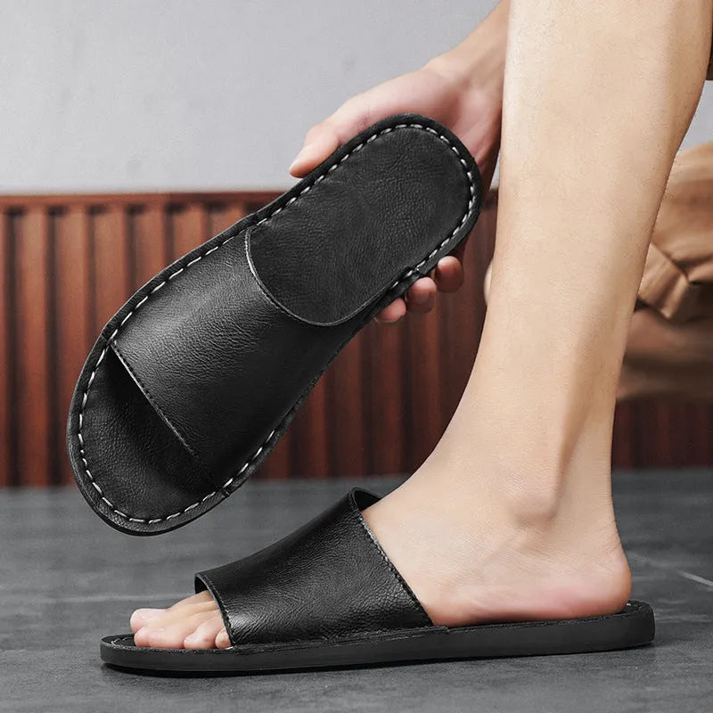 Men's brown leather casual sandals with a rubber sole for summer wear.