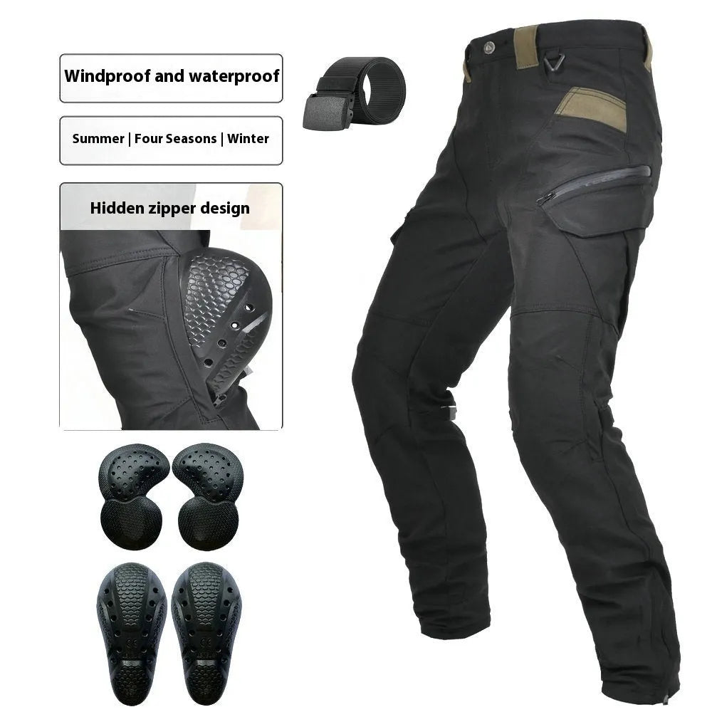 Men's waterproof motorcycle cycling trousers with protective gear in black or green colour options