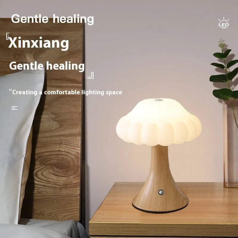 Mushroom shaped touch control night lamp with USB charging in wood grain colour