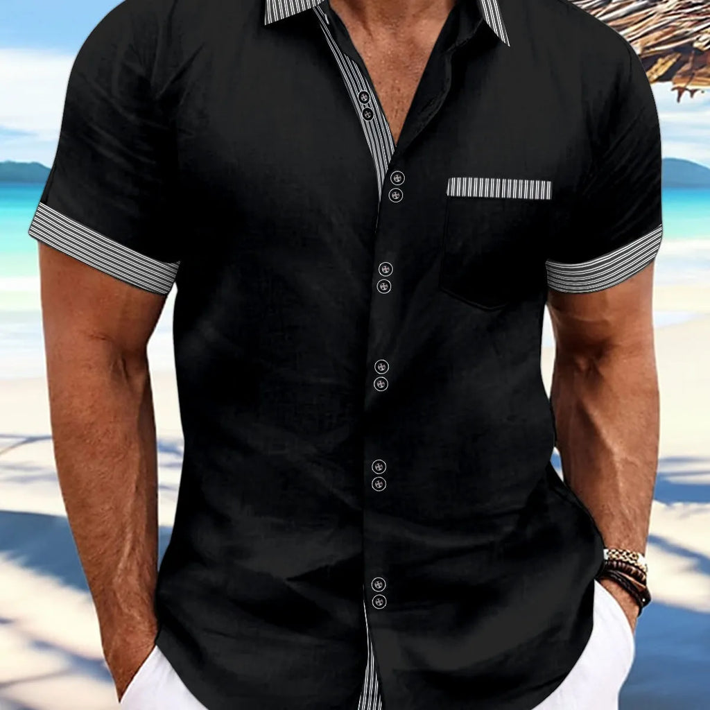 Men's striped double button short sleeve casual shirt in pure cotton, slim fit style