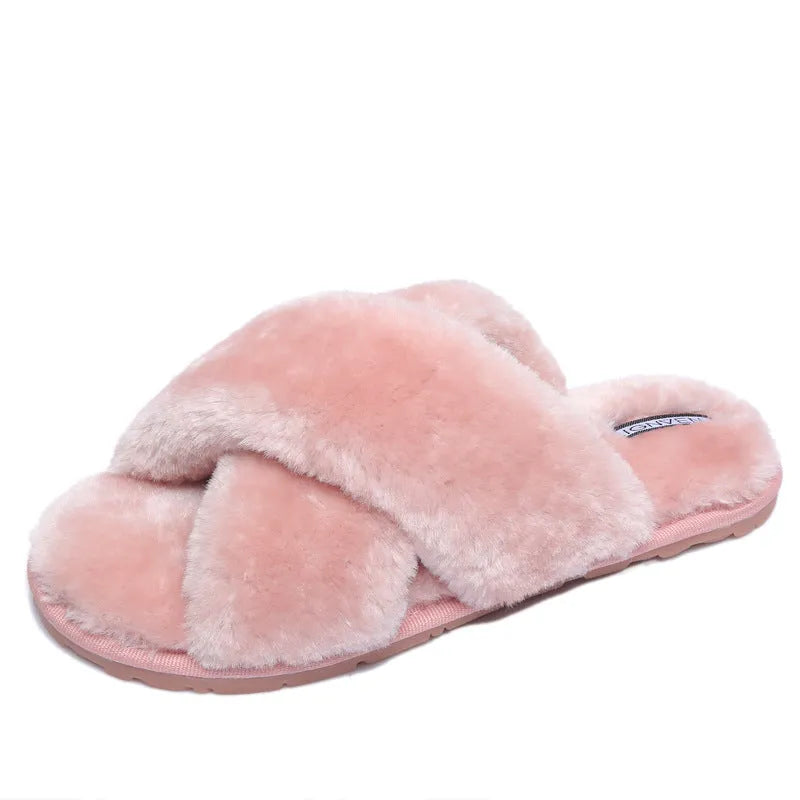 Cross open-toe fur slippers in pink with textured fur and patterned anti-slip sole.