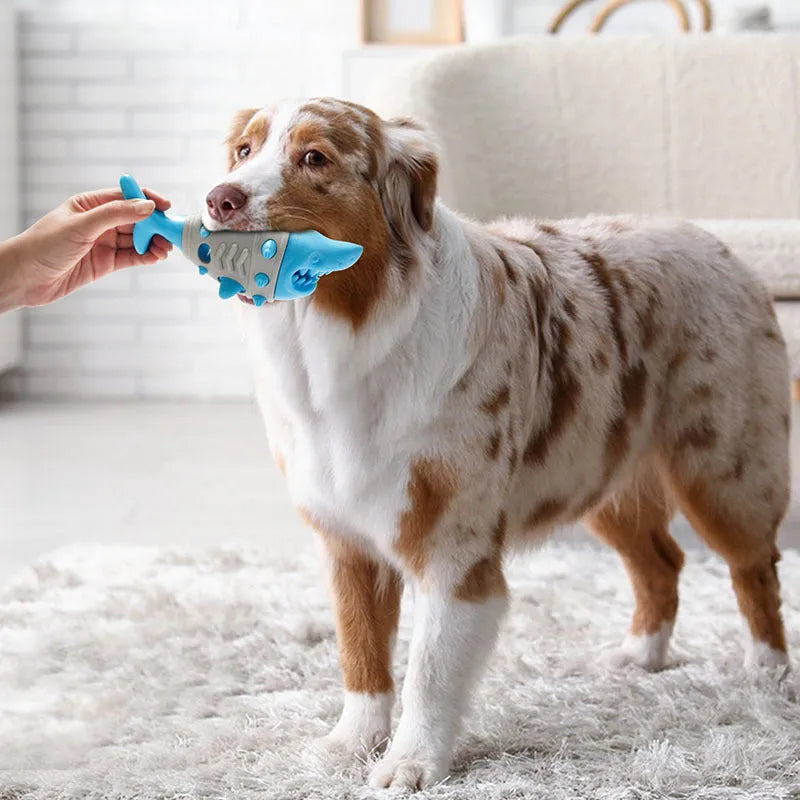 Blue leaky dog chew toy with shark-tooth texture for teeth cleaning and bite-resistant design