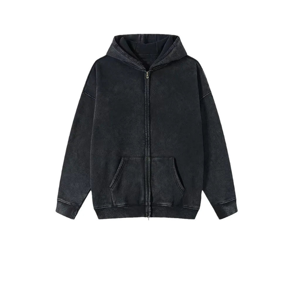Men's hooded cardigan in cotton with fleece lining and a double zipper, shown in dark green colour