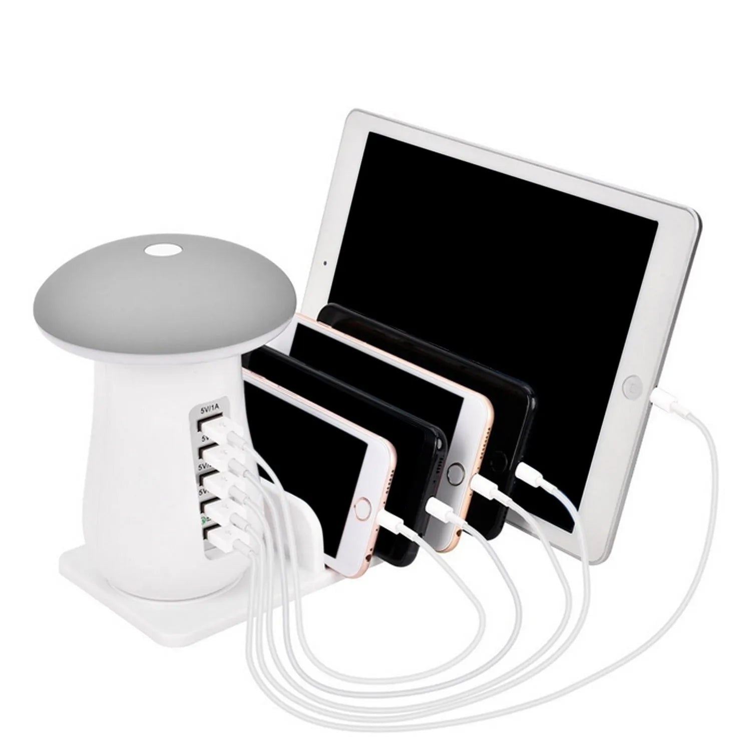 White mushroom-shaped LED desk lamp with a 5-port USB charging station at its base on a wooden table.