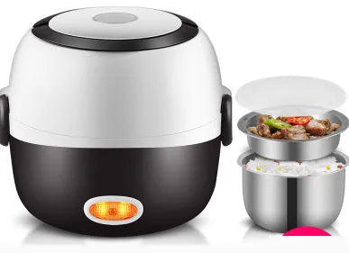 Multi-function lunch box with USB cable showing two-layer and three-layer capacity options
