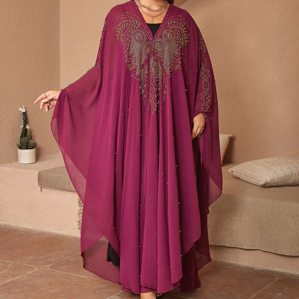 Purple Muslim style chiffon shawl with rhinestone beading, draped to show length