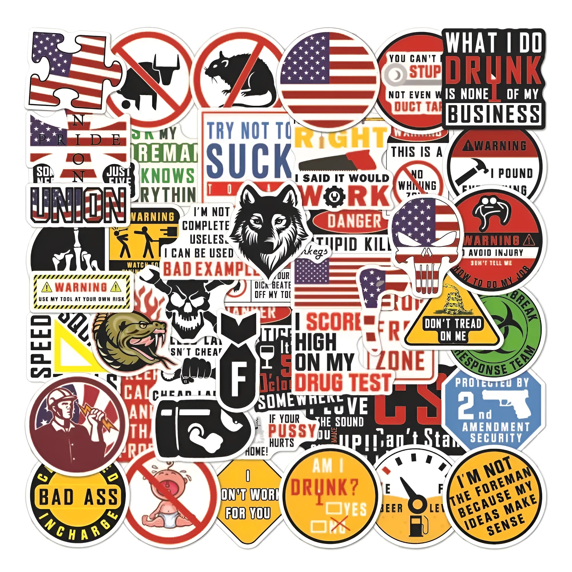 Pack of 50 waterproof PVC warning stickers with bright film coating for helmets and sports equipment.