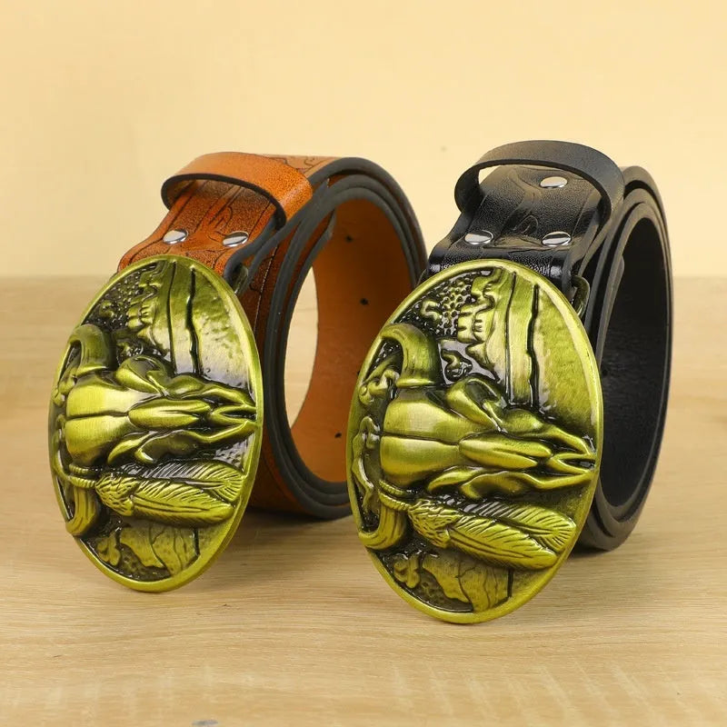 Men's black imitation leather belt with a detailed alloy cow head buckle.
