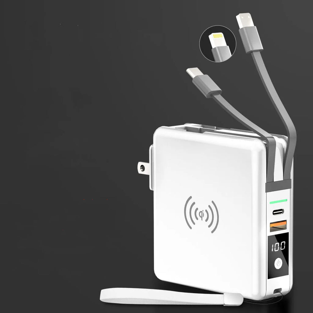 Black and white Super QI wireless charging power bank with built-in plug and international adapters.