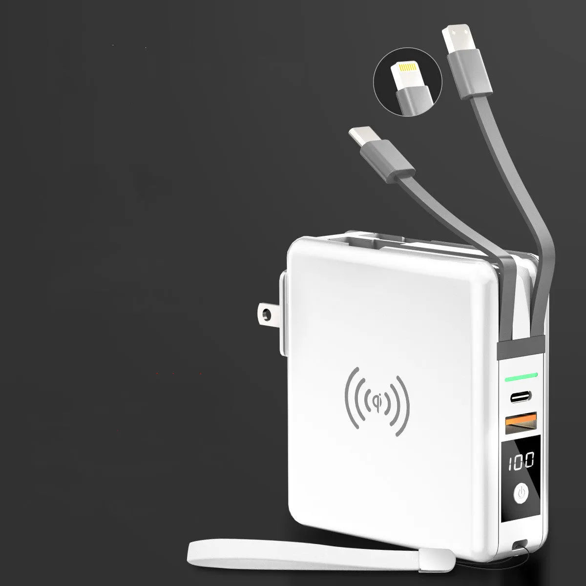 Black and white Super QI wireless charging power bank with built-in plug and international adapters.