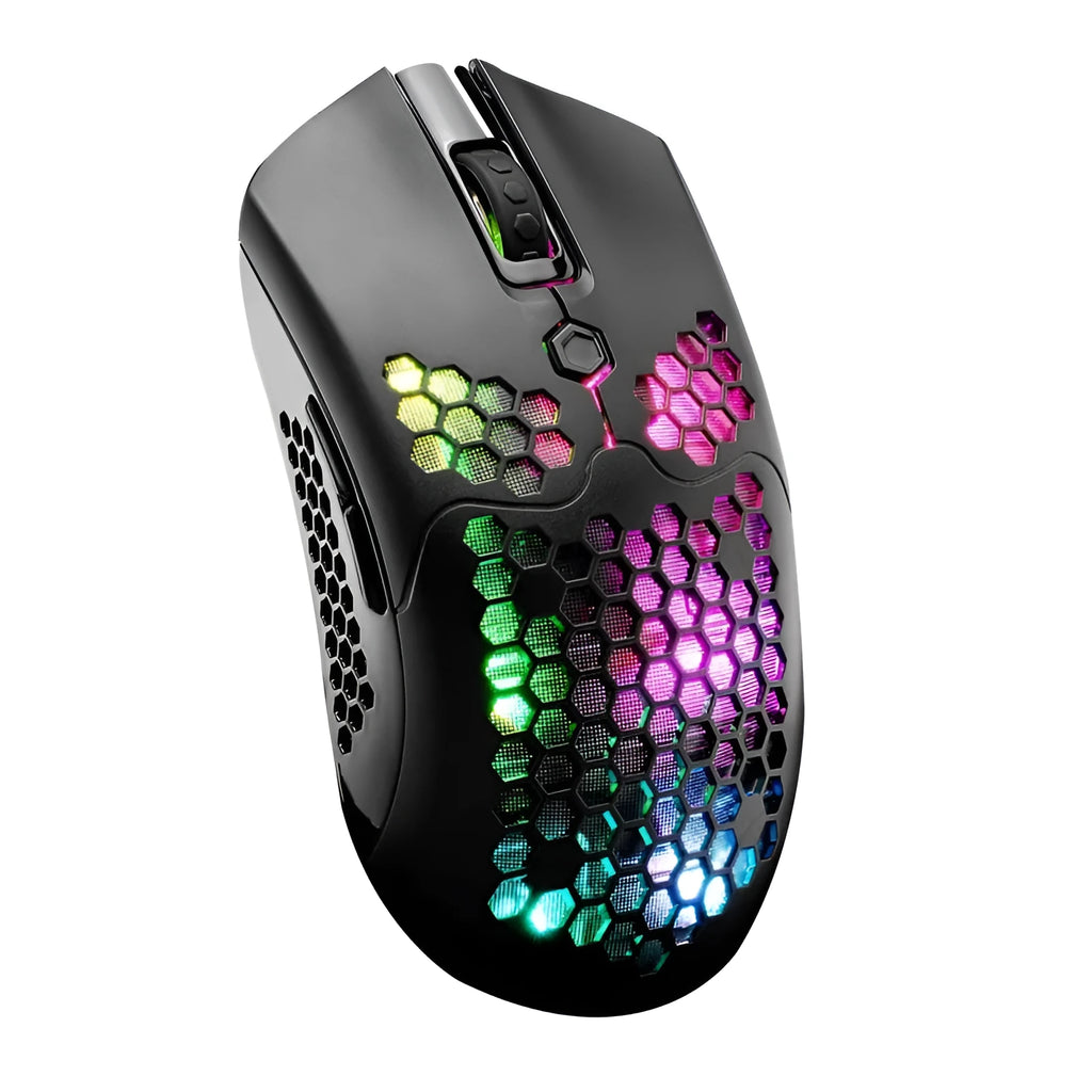 Free Wolf X2 dual-mode wireless gaming mouse with RGB lighting in black, green, pink, white, and yellow colour options