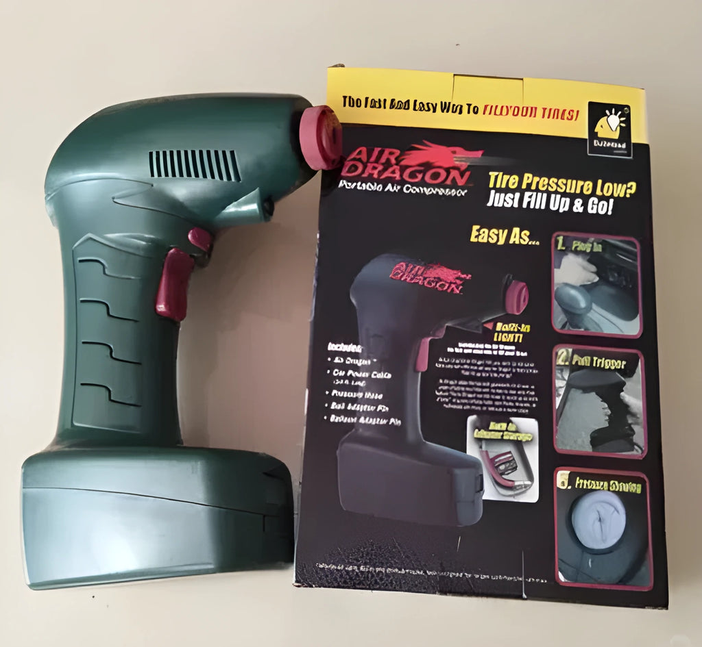 Portable electric car air pump with motor and inflation hose for vehicle tyres