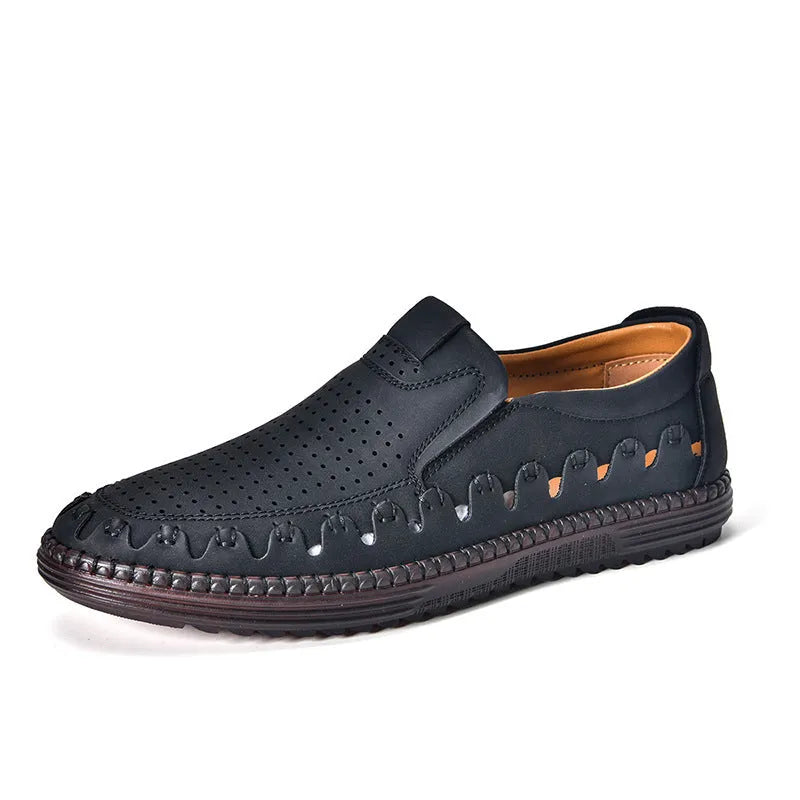 Men's brown handmade slip-on casual leather shoes with round toe and flat PVC sole