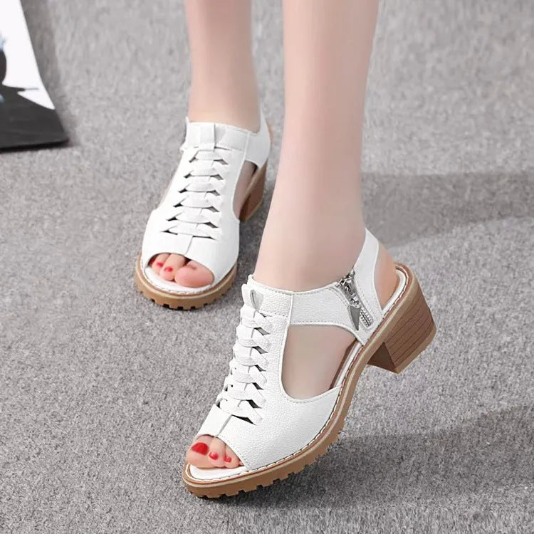 Retro-style women's sandals with a side zip, a middle heel, in black, white, and creamy white.