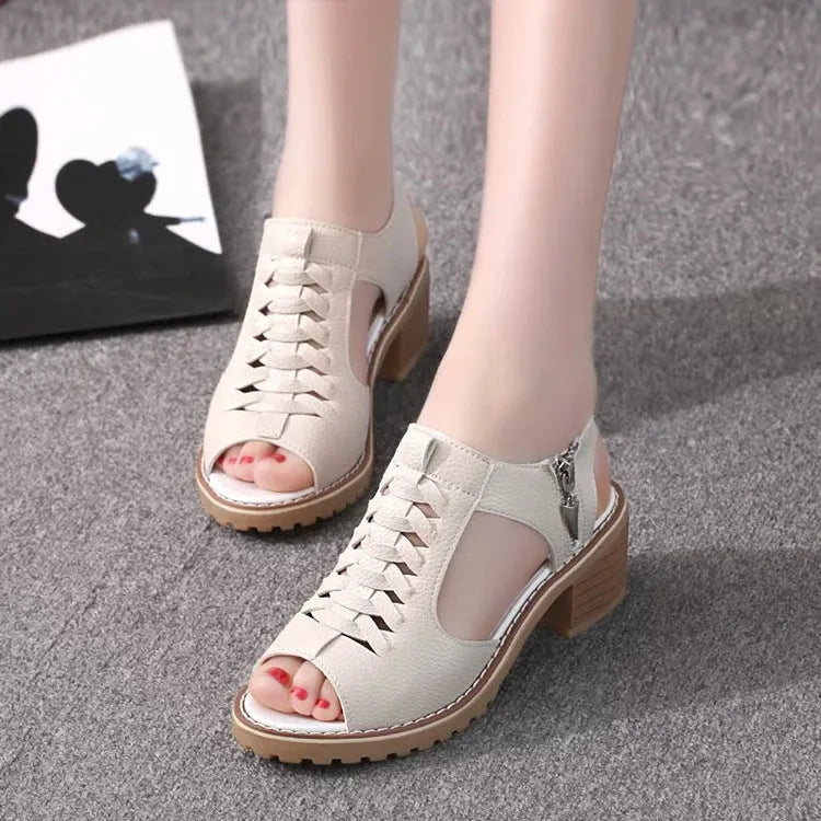 Retro-style women's sandals with a side zip, a middle heel, in black, white, and creamy white.