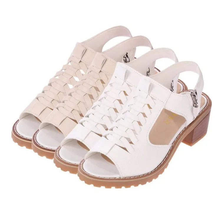 Retro-style women's sandals with a side zip, a middle heel, in black, white, and creamy white.