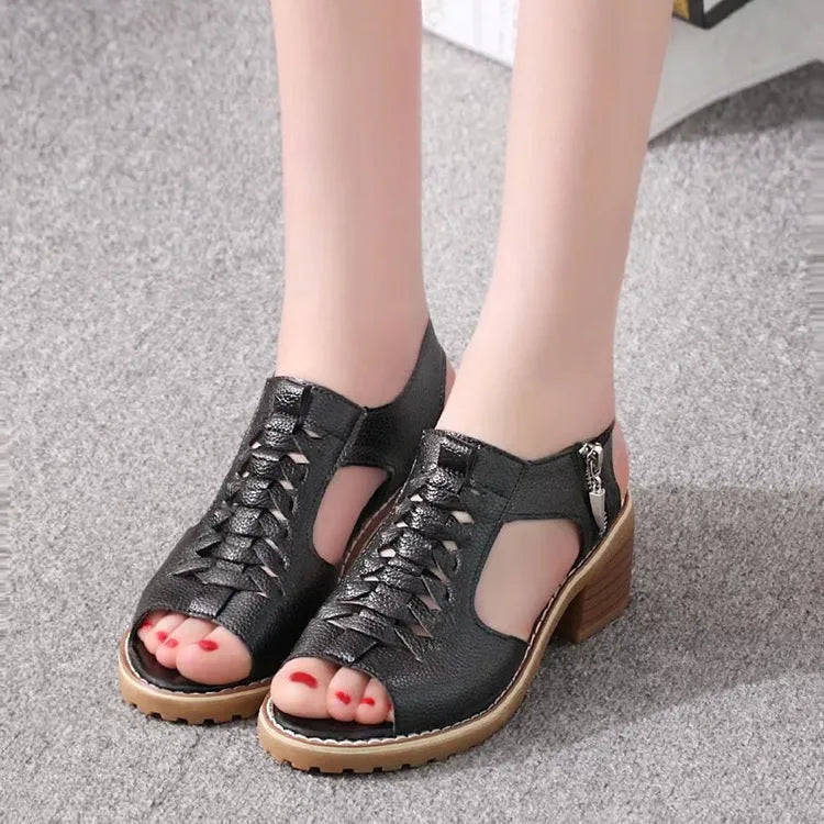 Retro-style women's sandals with a side zip, a middle heel, in black, white, and creamy white.