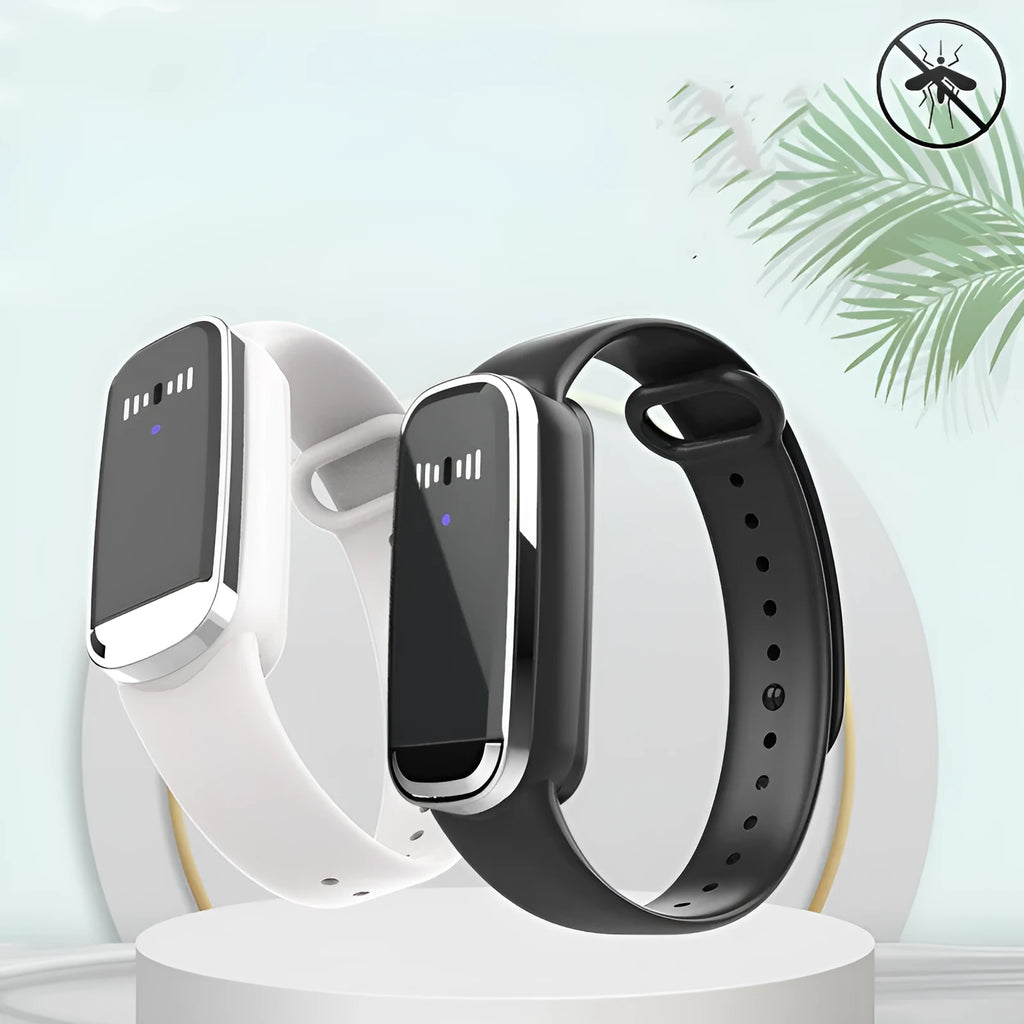 Black and white ultrasonic mosquito repellent bracelet for pregnancy and baby use with USB charging cable