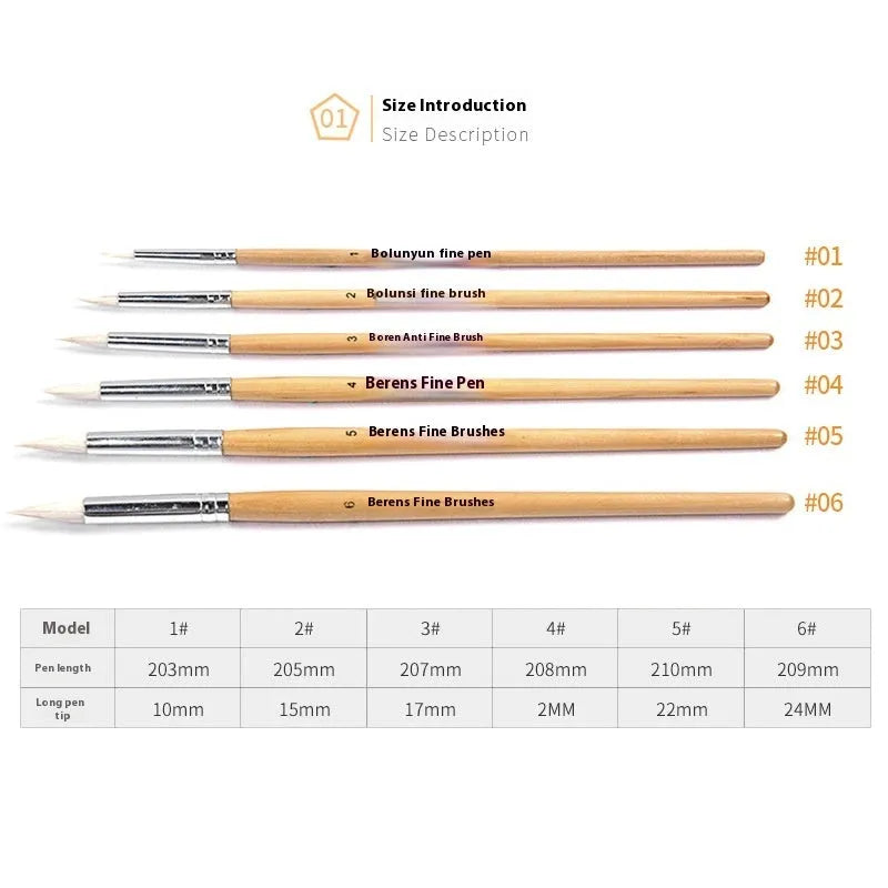Six wooden-handled hook line pen brushes for art and calligraphy in a set