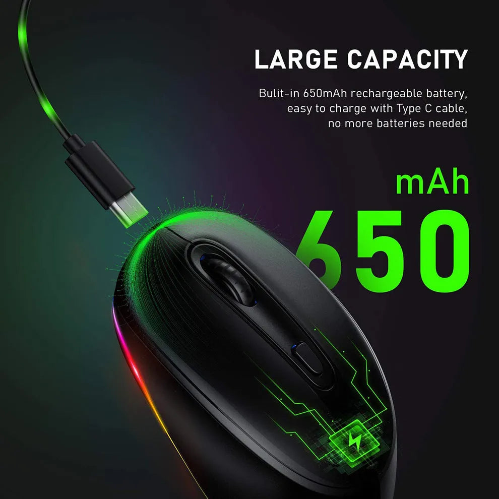 Lightweight 24g wireless rechargeable mouse in various colours next to its USB charging cable.