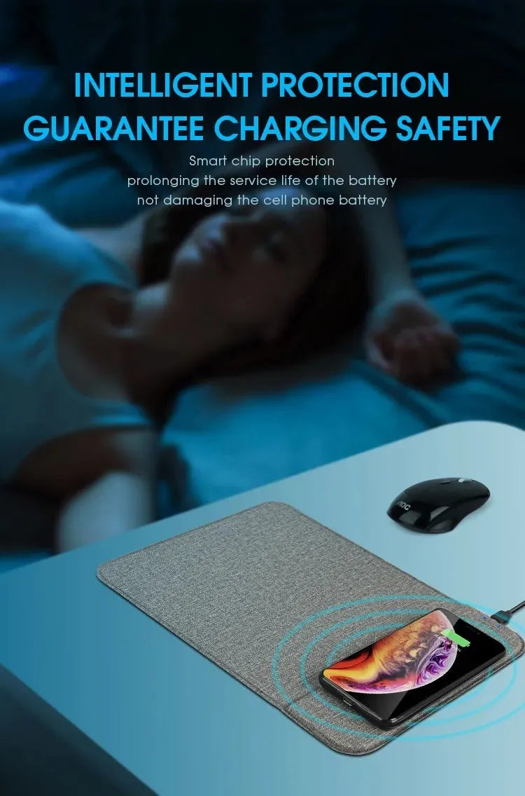 Foldable cloth wireless phone charger showing 10W fast charging and magnetic alignment features