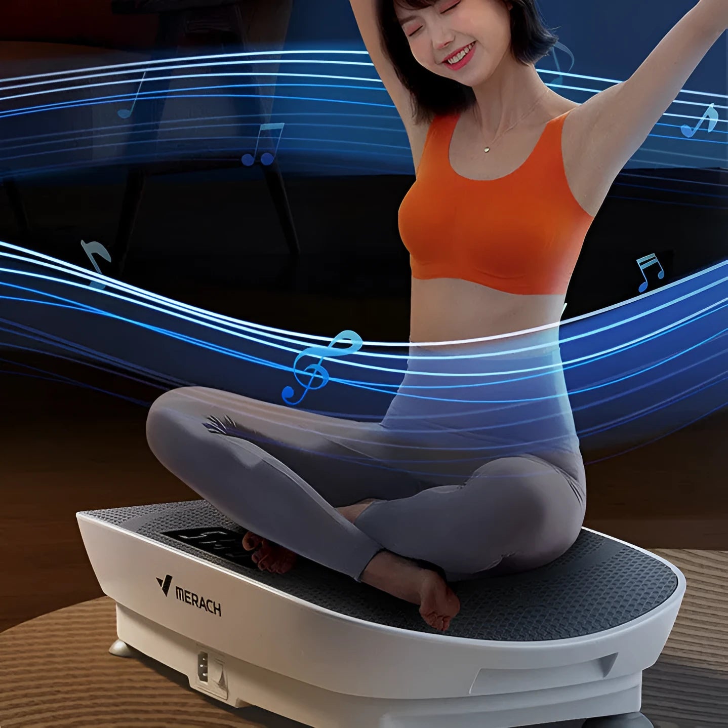 Grey smart power plate massager with Bluetooth connectivity and US electrical plug