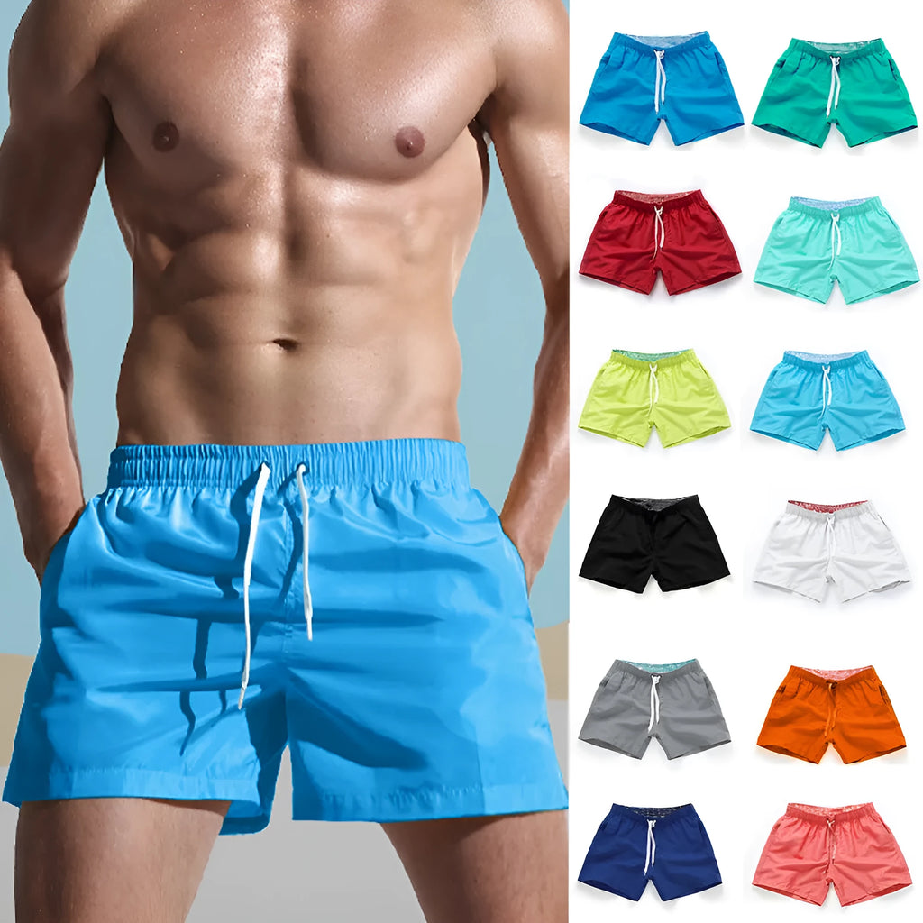 Men's straight leg beach shorts in polyester, shown in multiple colours including fluorescent yellow and navy blue.