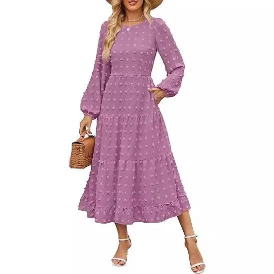 Women's long sleeve casual dress in beige with ruffle sleeves and a high waist.