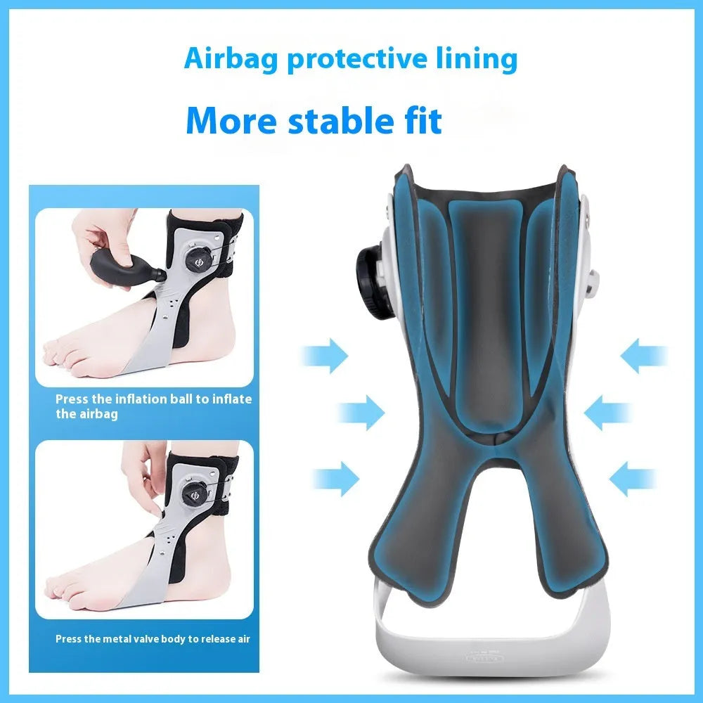 Grey ankle support brace with an airbag button shown on a left foot.