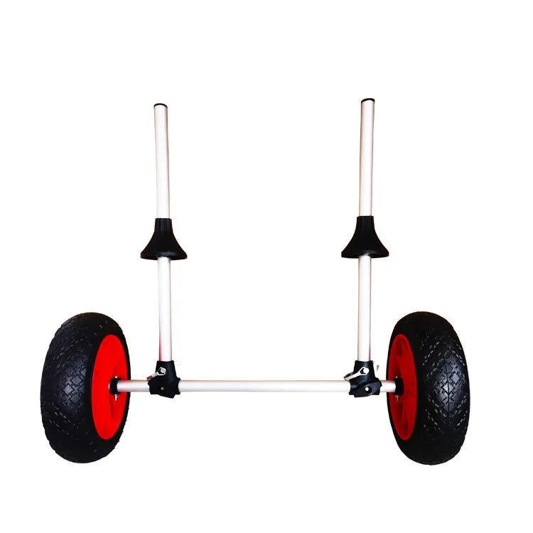 Foldable aluminium kayak cart with upright pole platform and wheels for beach transport