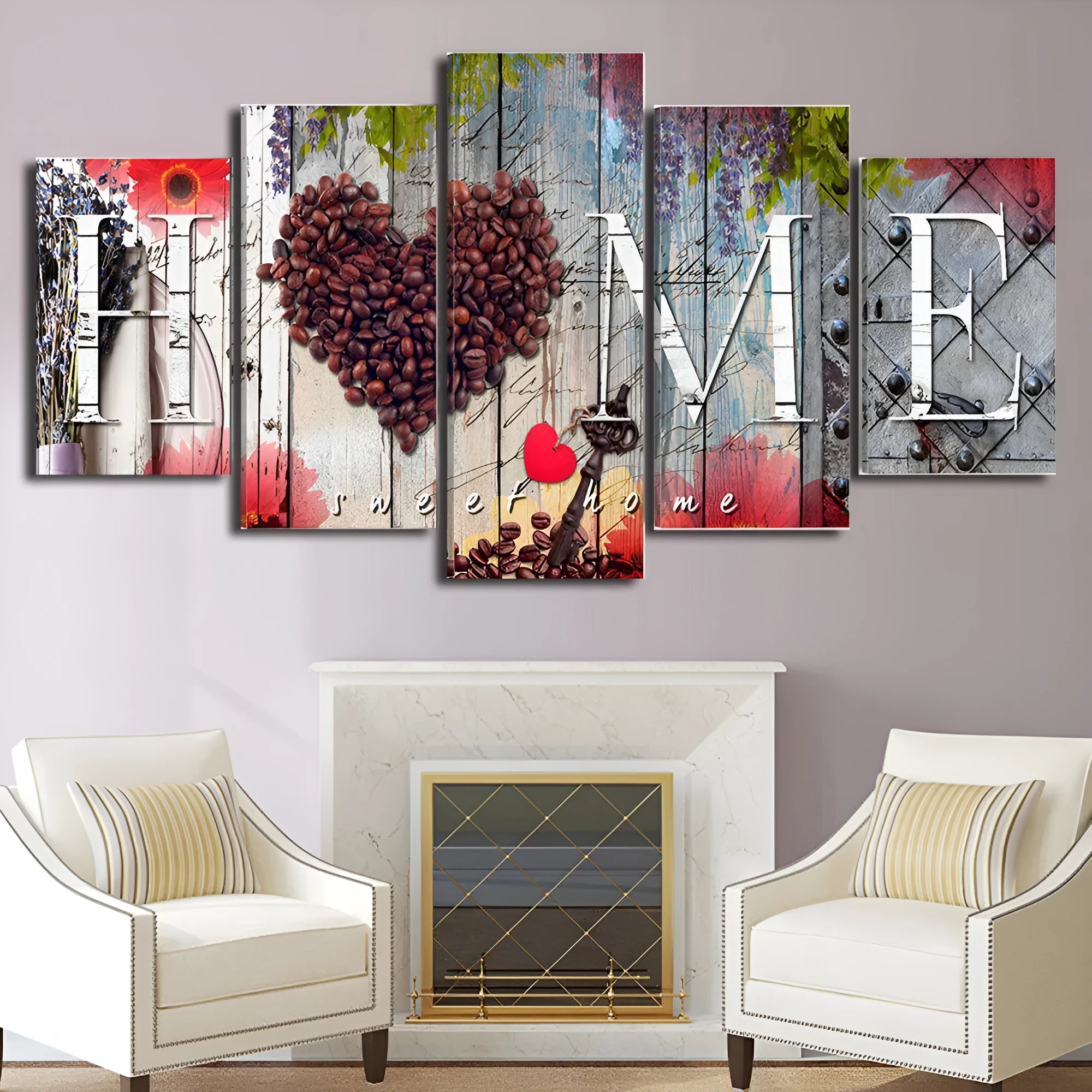 Red oil painting canvas wall art set showing five unframed canvases in coordinated sizes