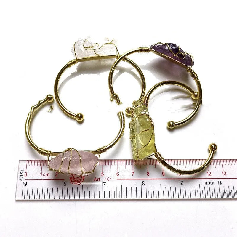 Natural crystal rough stone bracelet with gold winding geometric design