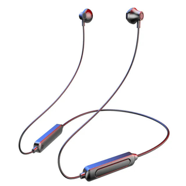 Black neck-mounted wireless sports earphones with binaural stereo design